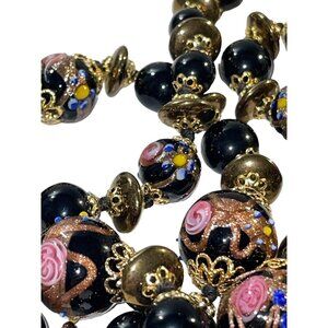 VTG Black Venetian Art Glass Wedding Cake Bead Necklace Pink Rose Flower Rose